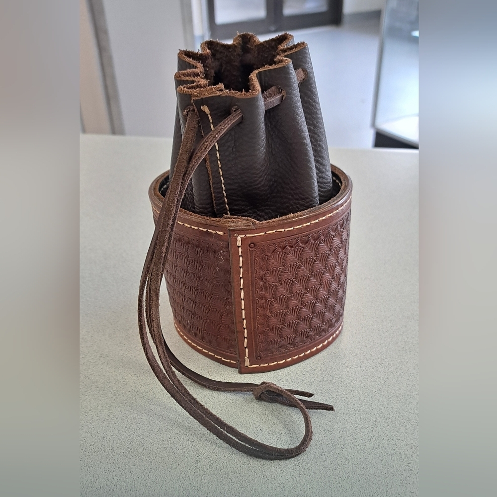 Brown Quality Leather Hand Tooled Drawstring Bag